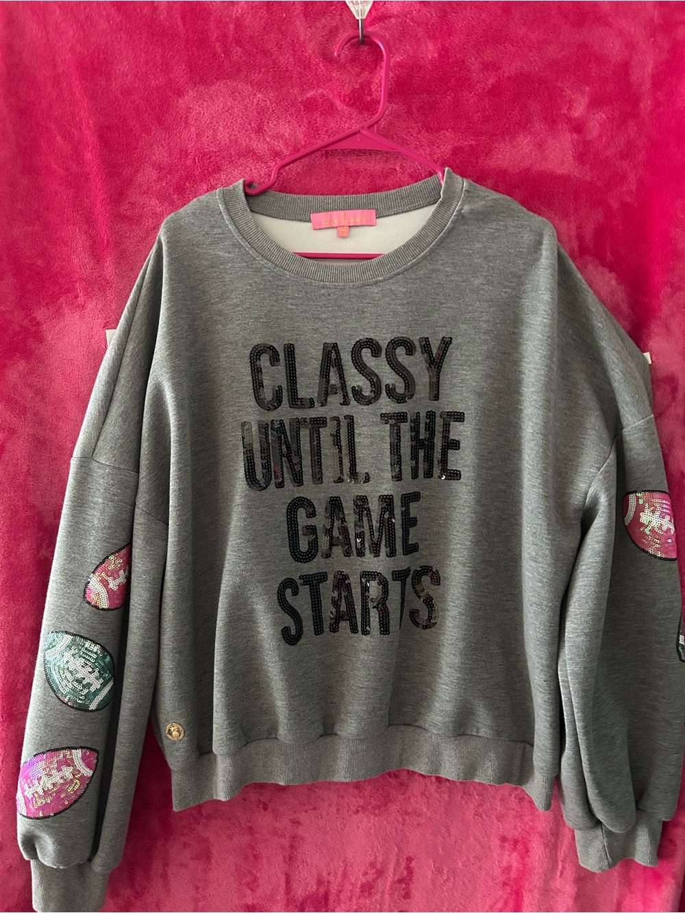 Simply Southern Women's Gray Crewneck Sweater - Pink Trim Detail football season